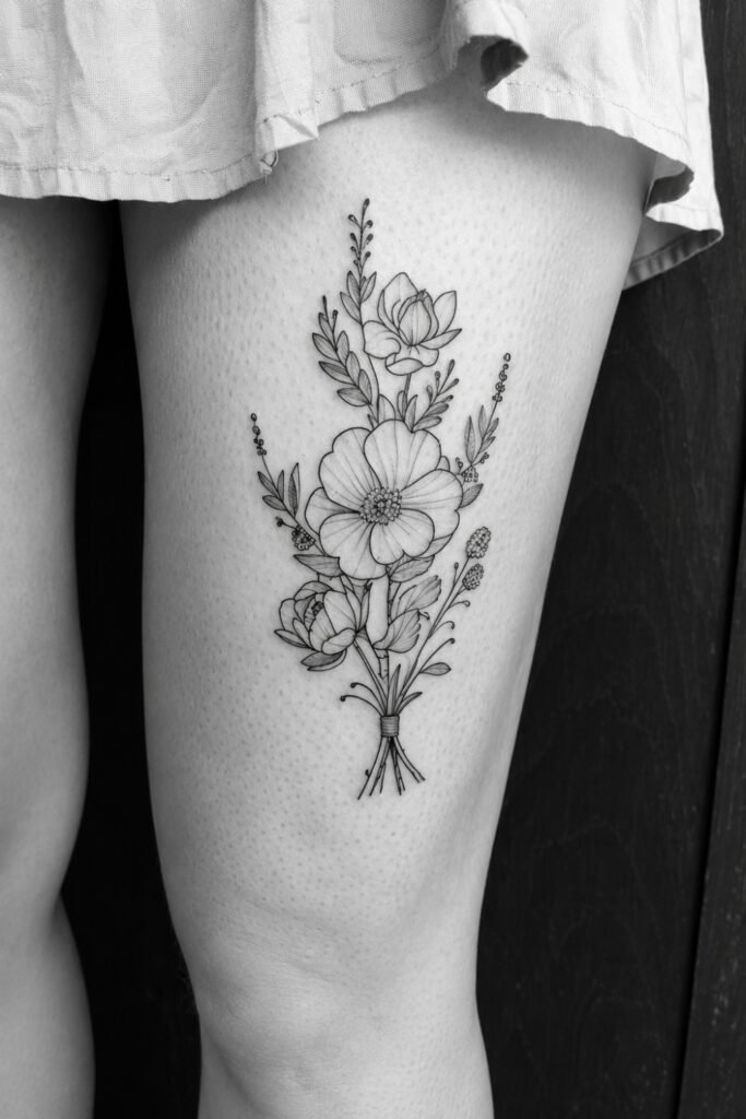 Fine-line wildflower bouquet tattoo above the knee