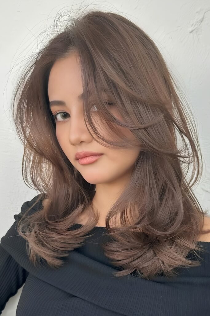 Fine wavy light brown hair with butterfly layers and full ends
