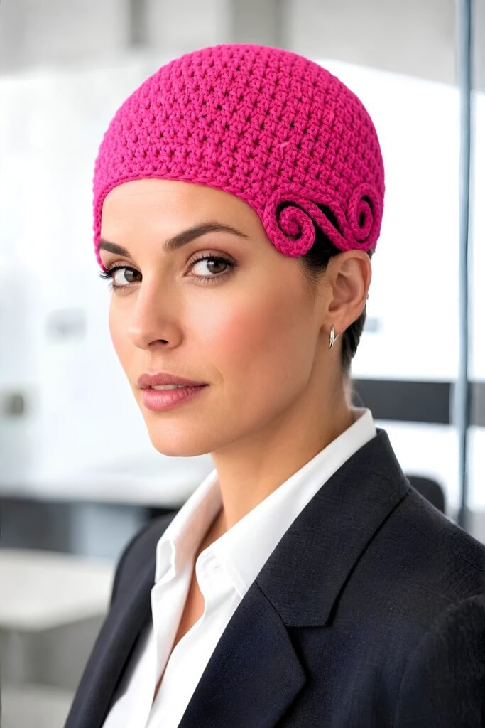 Woman in a pink fitted crochet skull cap with an oversized black blazer