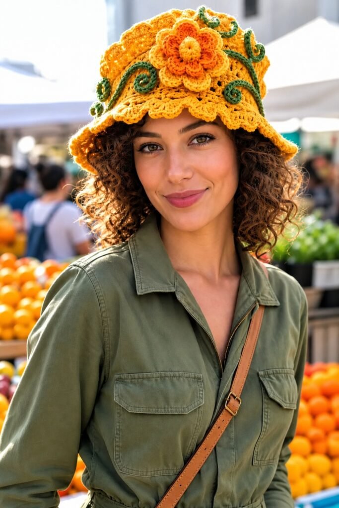 Woman in a yellow floral crochet hat with an olive utility jumpsuit