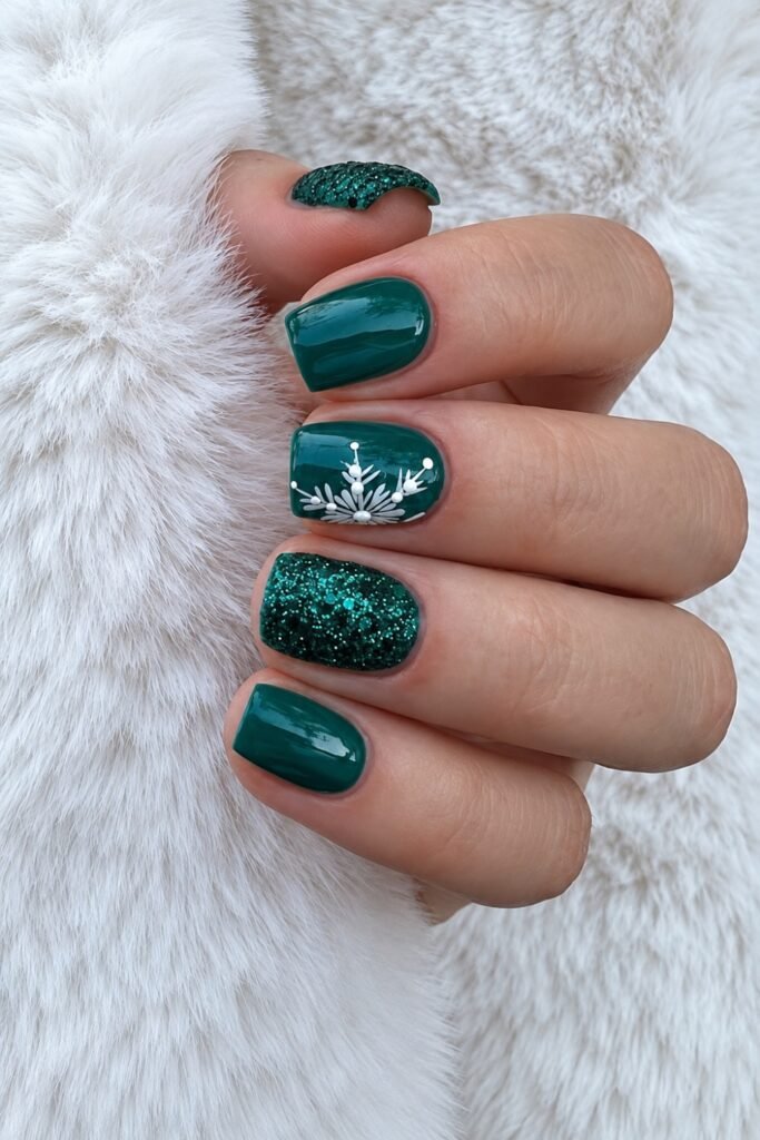 Short square forest green nails with a chrome and glitter finish