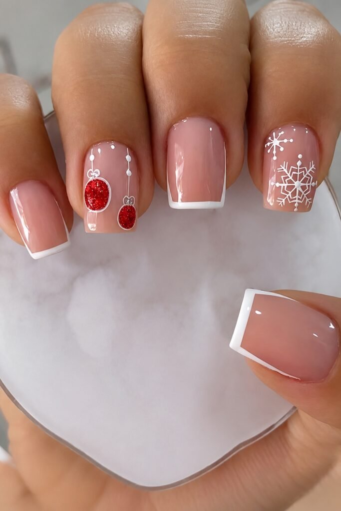 Short square nude nails with white French tips and red bauble dots