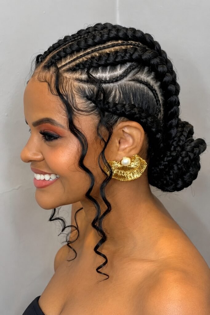Side profile of goddess braids in a low bun with curled tendrils