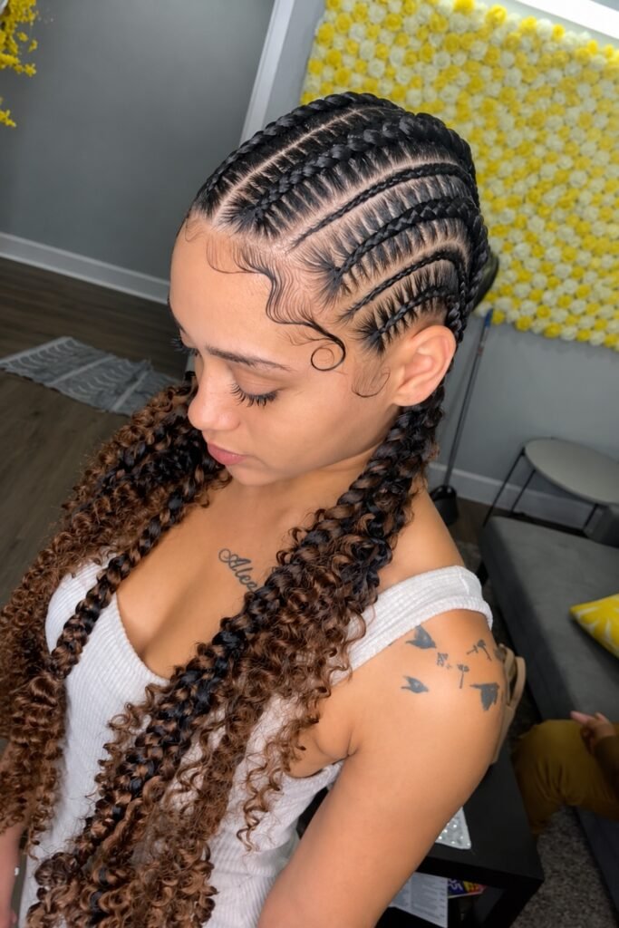 Goddess stitch braids with curly ends, seen from above