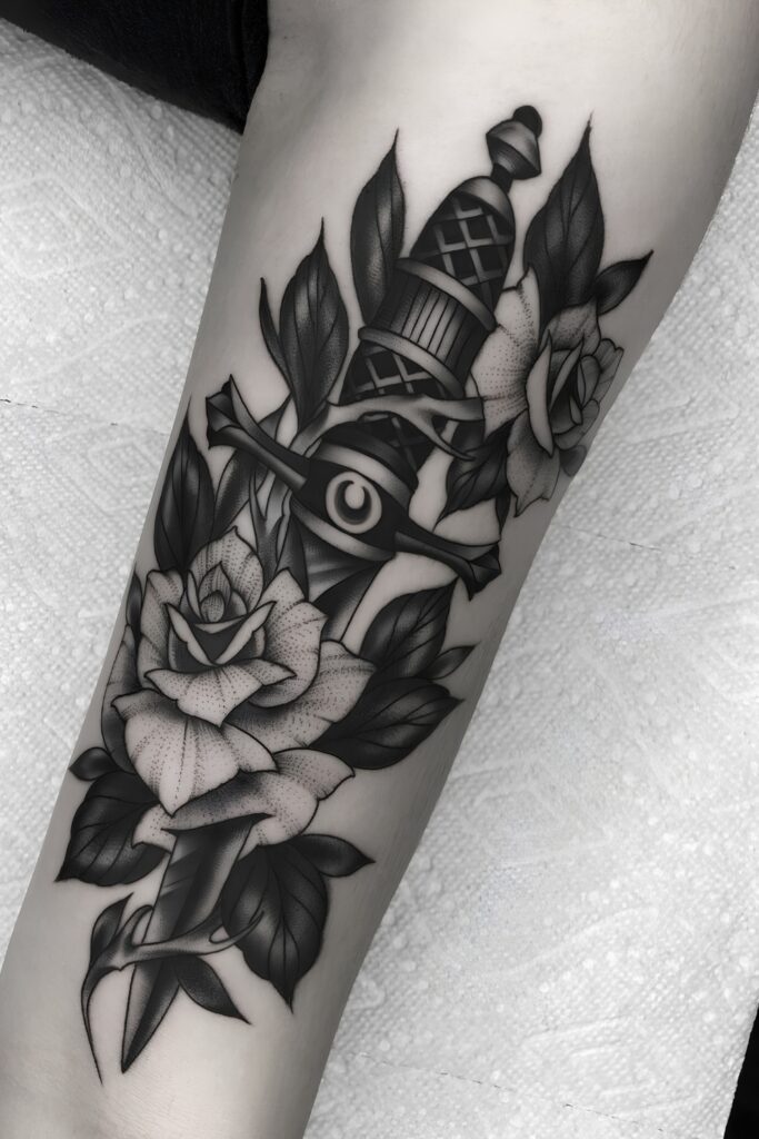 Gothic dagger and rose tattoo