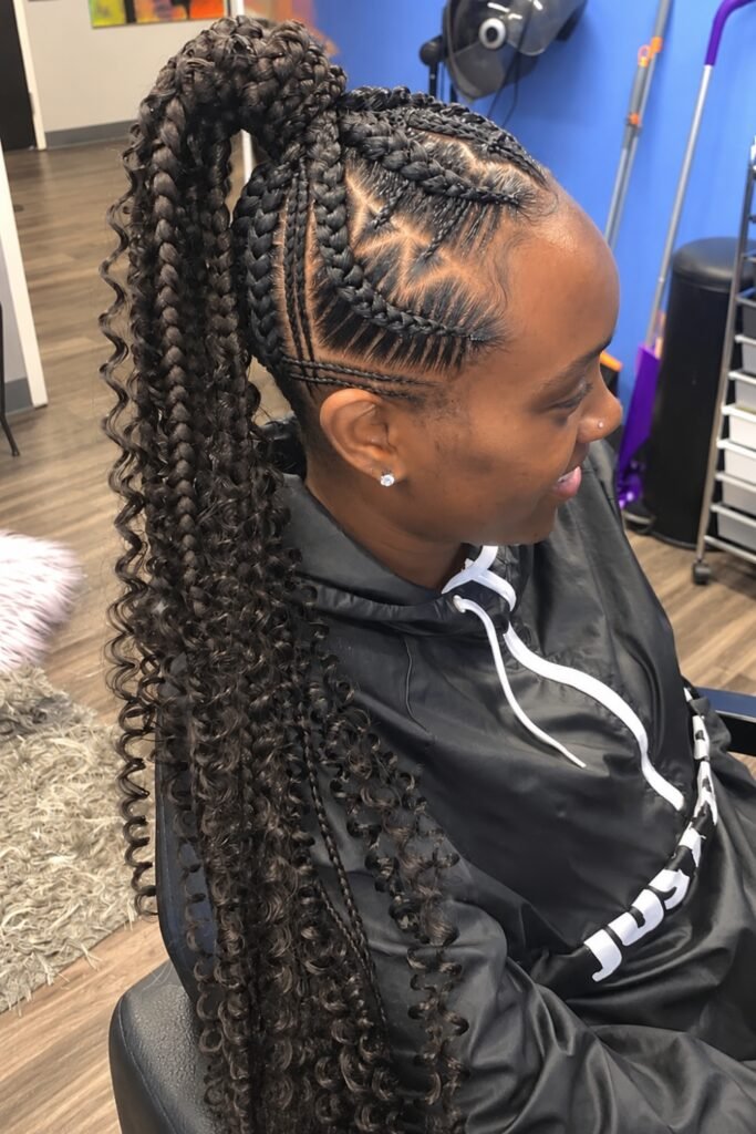 High goddess braid ponytail with stitched cornrows, seen from behind