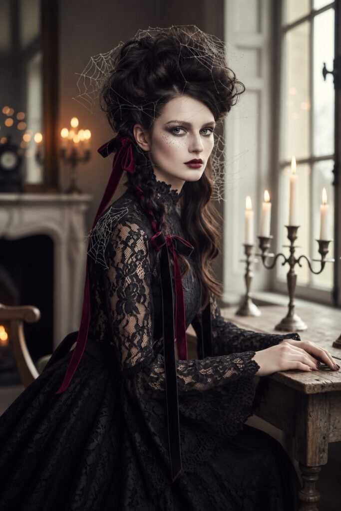 Dark hair in a high gothic updo worn with a black lace dress