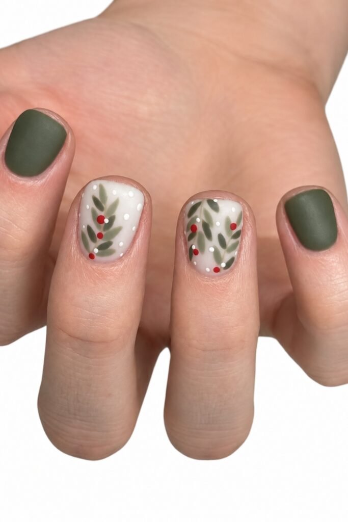 Short square nails in green and white with painted holly leaves