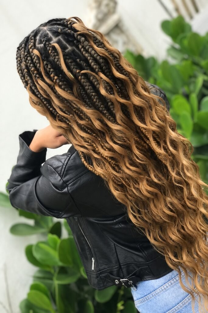 Back view of large goddess braids with honey-blonde curly ends