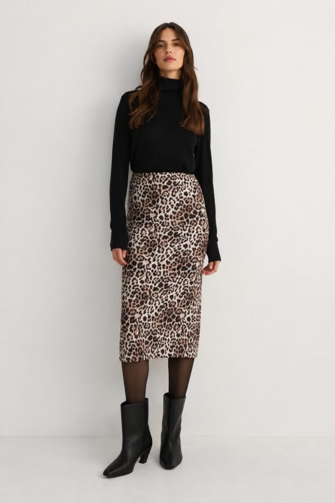 Woman in a leopard midi skirt with a black knit and black boots
