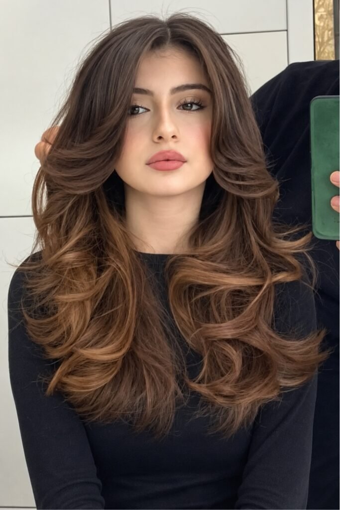 Long wavy butterfly cut with cheekbone layers