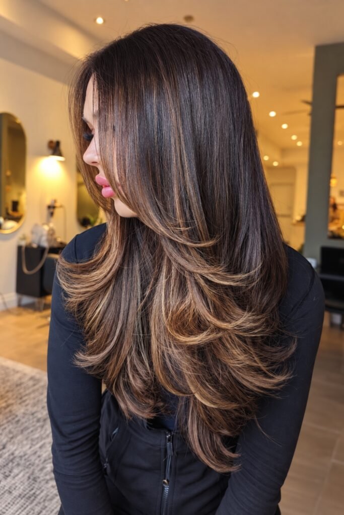 Side view of long dark hair with caramel highlights and long layers