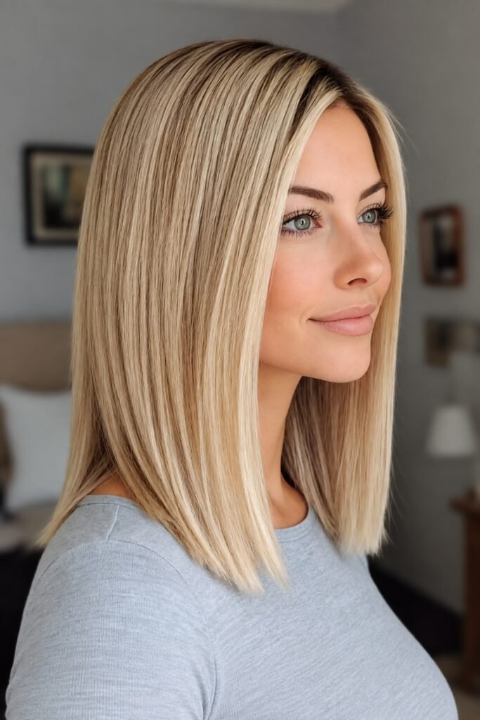 Woman with a long collarbone blunt lob in blonde