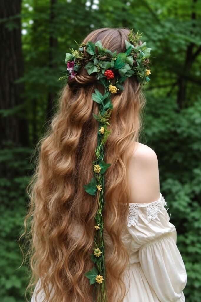 Fairy hairstyle: Long Loose Waves with Leaf and Vine Accessories