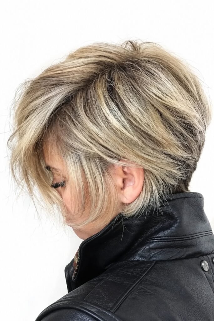 Back view of a long blonde pixie with a tapered nape