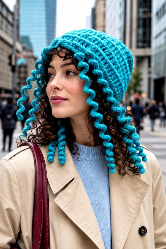 Woman in a teal long-spiral crochet hat with a trench coat