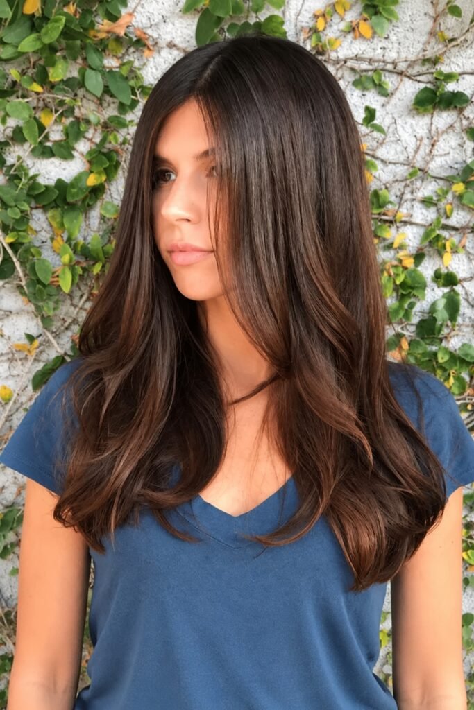 Long wavy brunette layers with a middle part