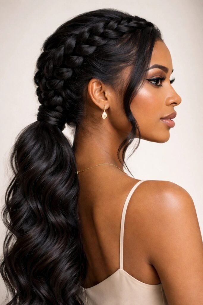 Side view of a low goddess braid ponytail