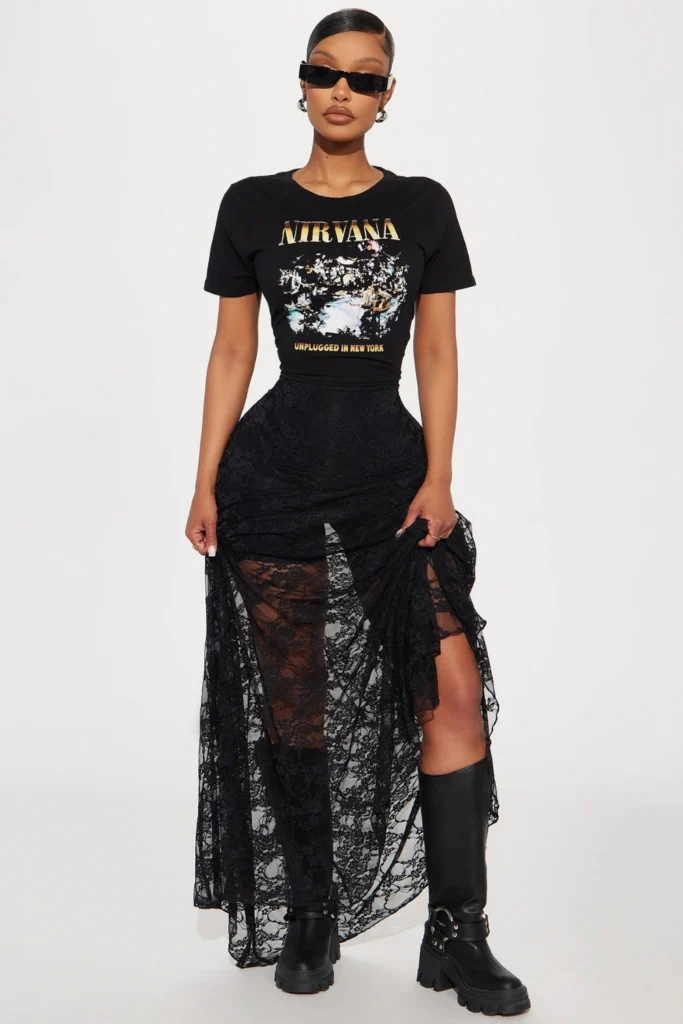 Maxi Skirt, Cropped Band Tee, Combat Boots, Thin Belt