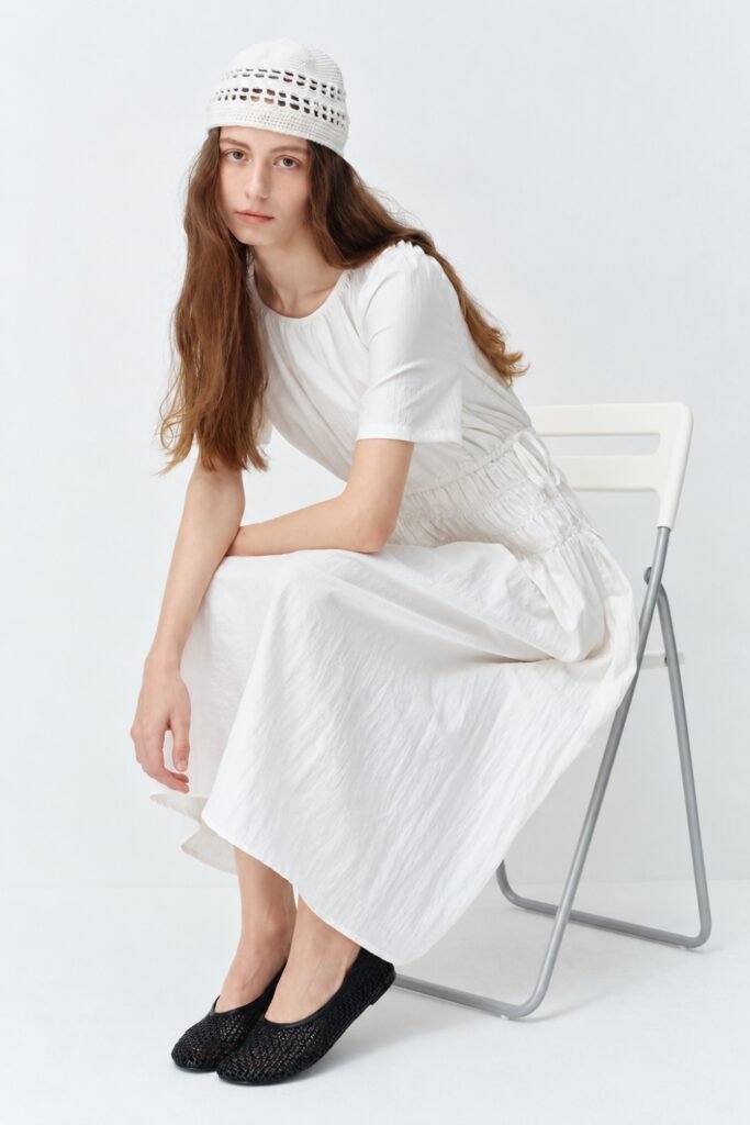 Woman in a mesh crochet cap with a white poplin dress