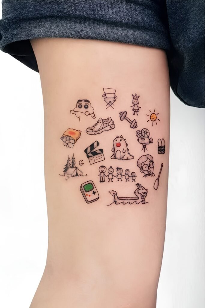 Row of small patchwork tattoos above the knee