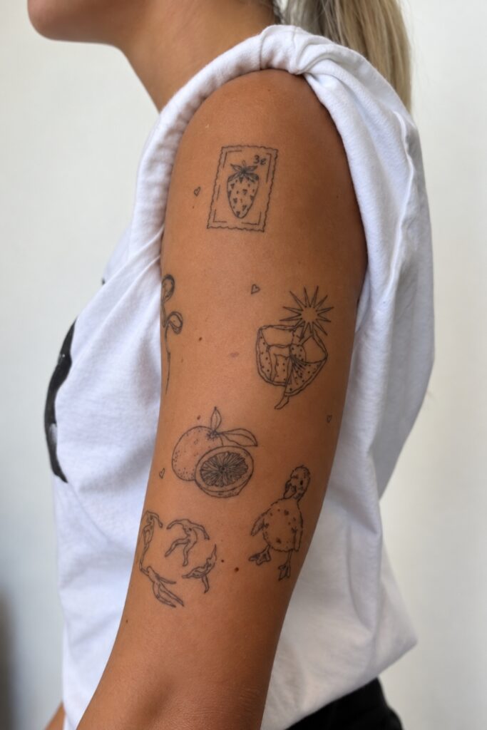 Small patchwork tattoos on the tricep