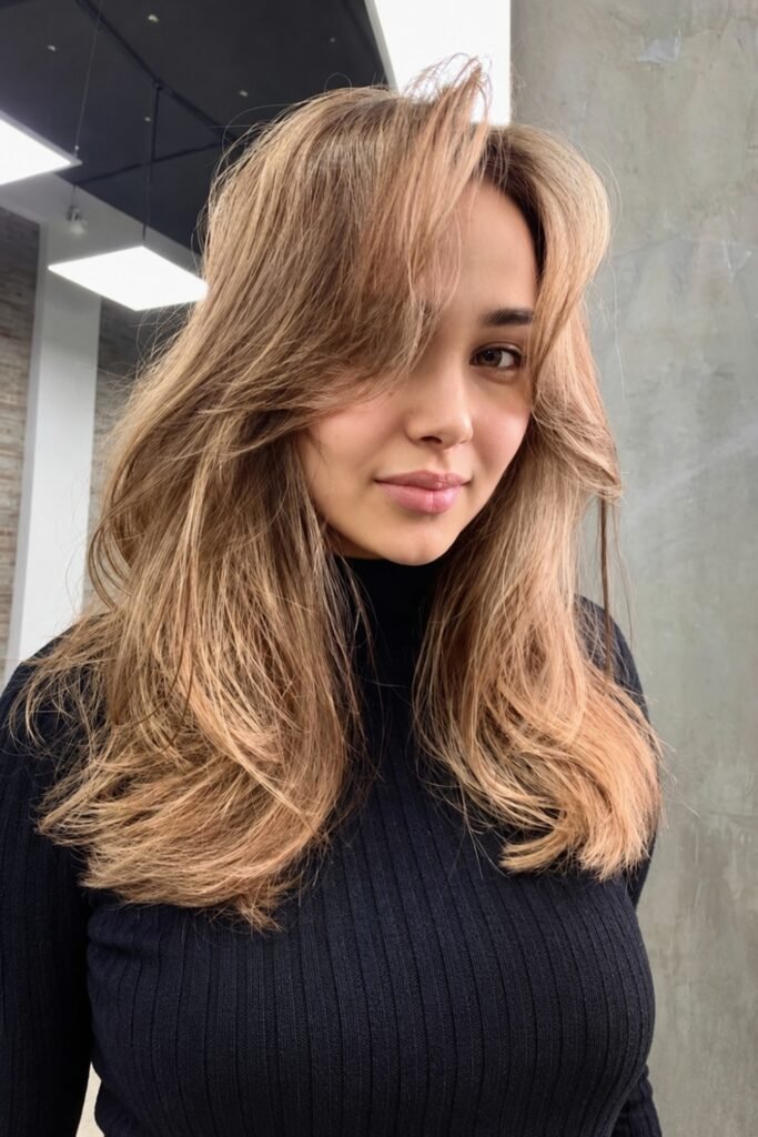 Honey-beige layered hair with curtain bangs