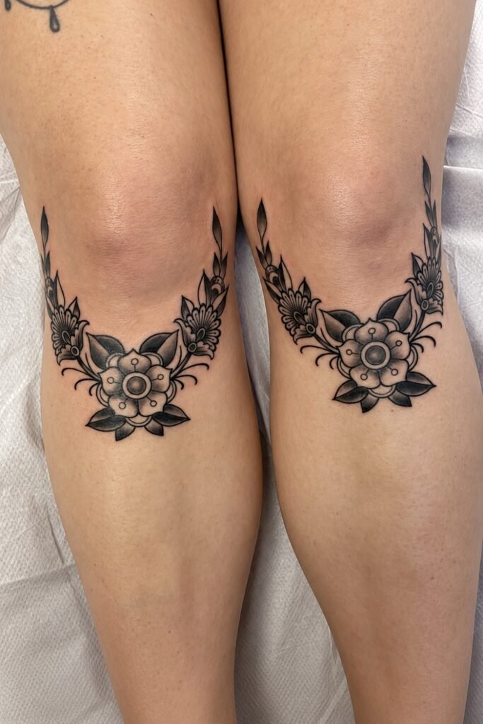 Mirrored floral tattoos above both knees
