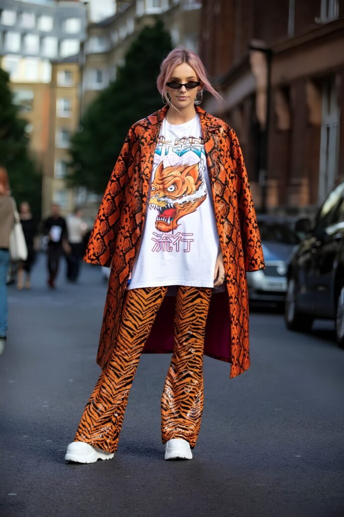 Woman in a tiger-print coat and snake-print trousers with a graphic tee