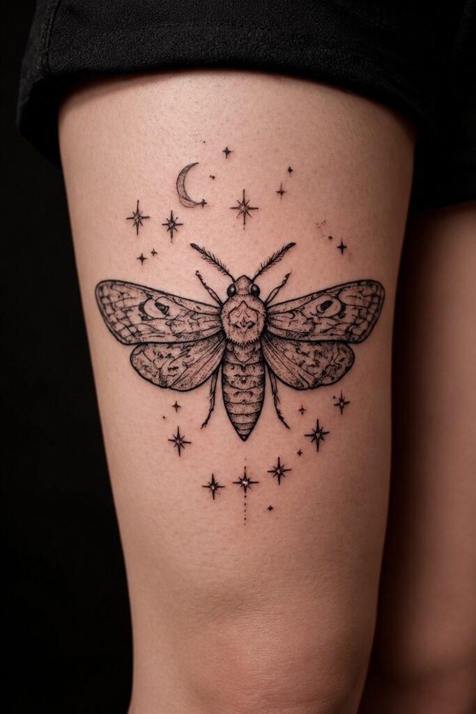 Moth and crescent moon tattoo above the knee