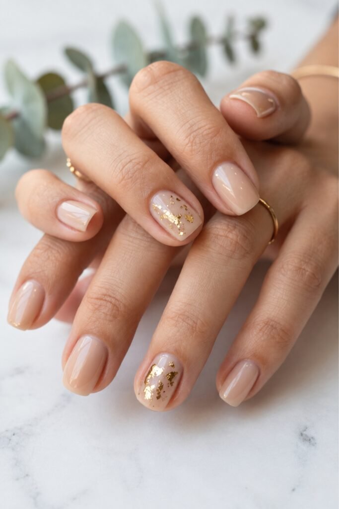 Short square nude nails with gold fleck accents