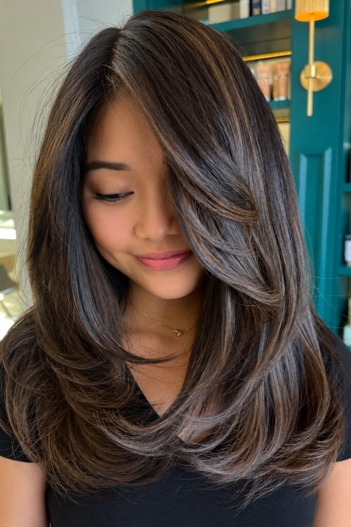 Dark brown highlighted hair with an off-center part and cheekbone layers
