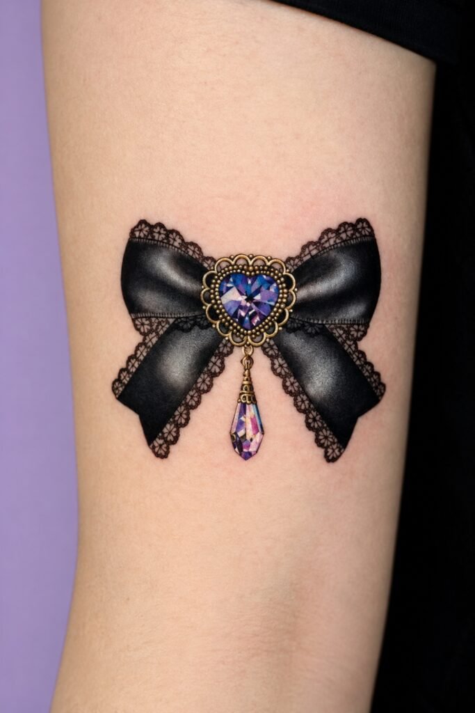 Ornamental bow and jewel tattoo