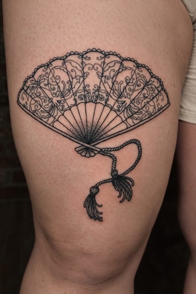 Ornamental fan tattoo above the knee