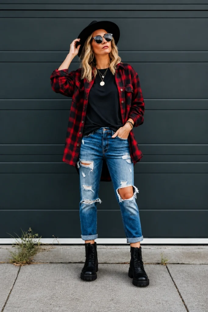 Oversized Flannel over Band Tee, Straight Jeans, Combat Boots