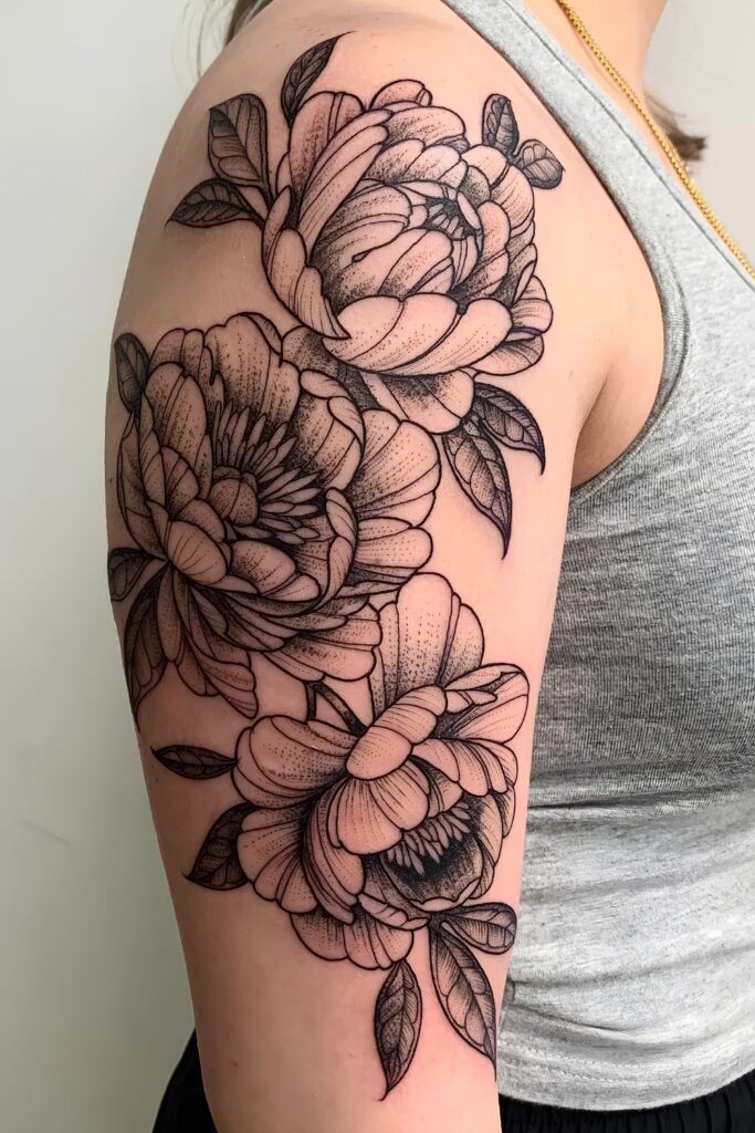 Blackwork peony tattoo