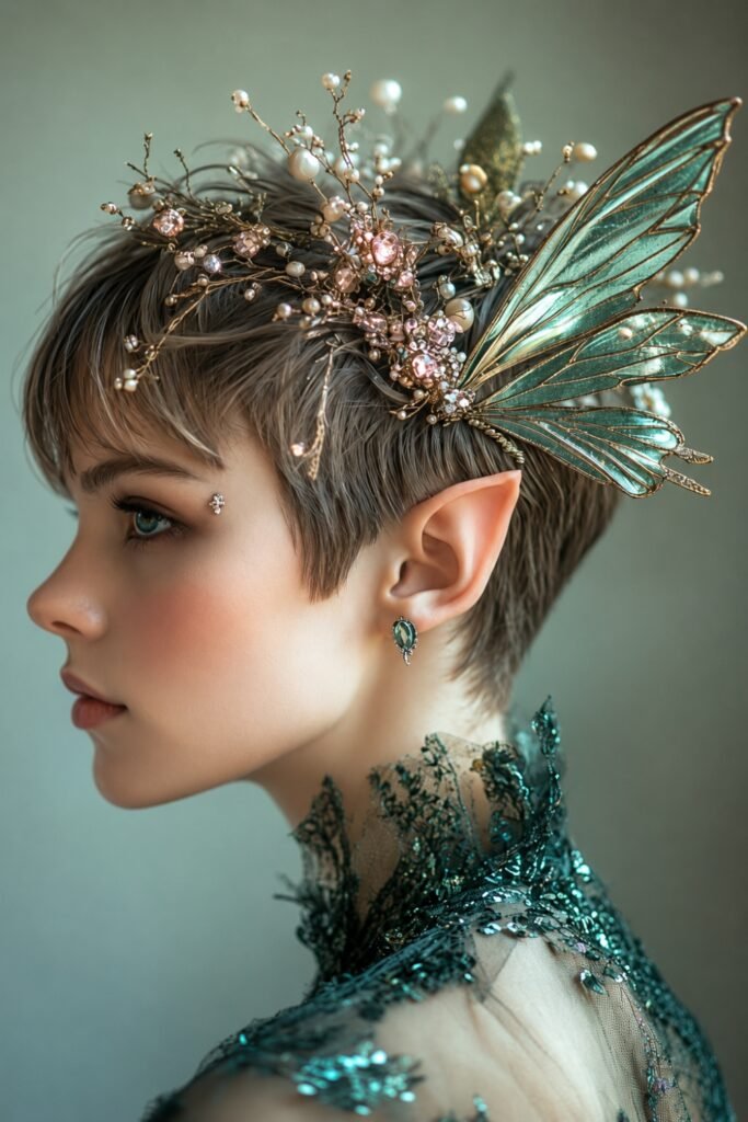Fairy hairstyle: Pixie with Ornamental Hair Fork and Flowers