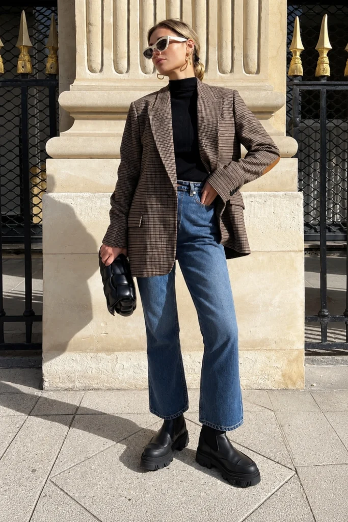 Plaid Blazer, Black Turtleneck, Straight Dark Jeans, Chelsea Boots