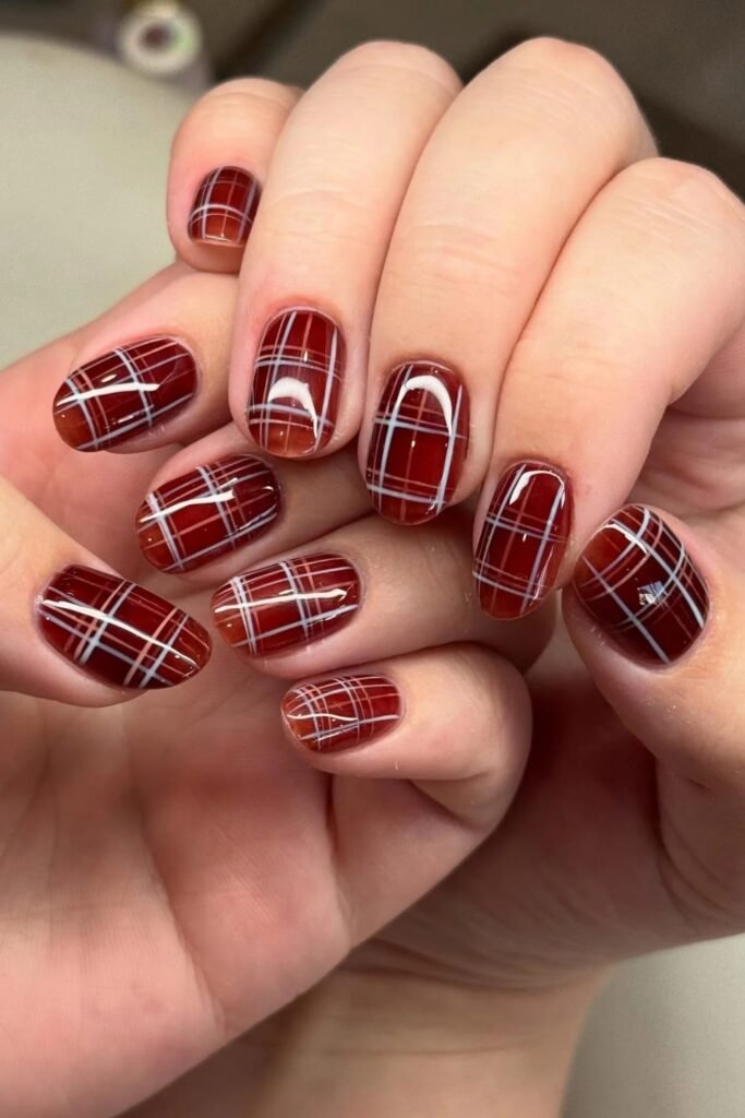 Short square red plaid Christmas nails