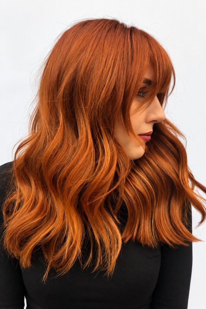 Copper-orange wavy hair with a full fringe