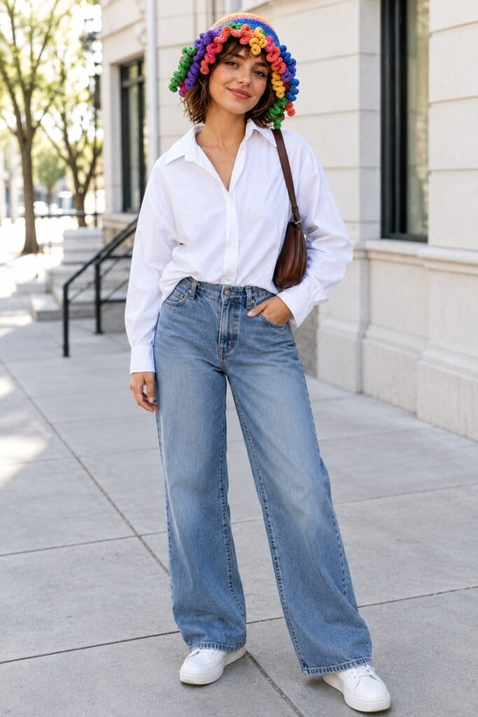 Woman in a rainbow crochet hat with a white shirt and wide jeans