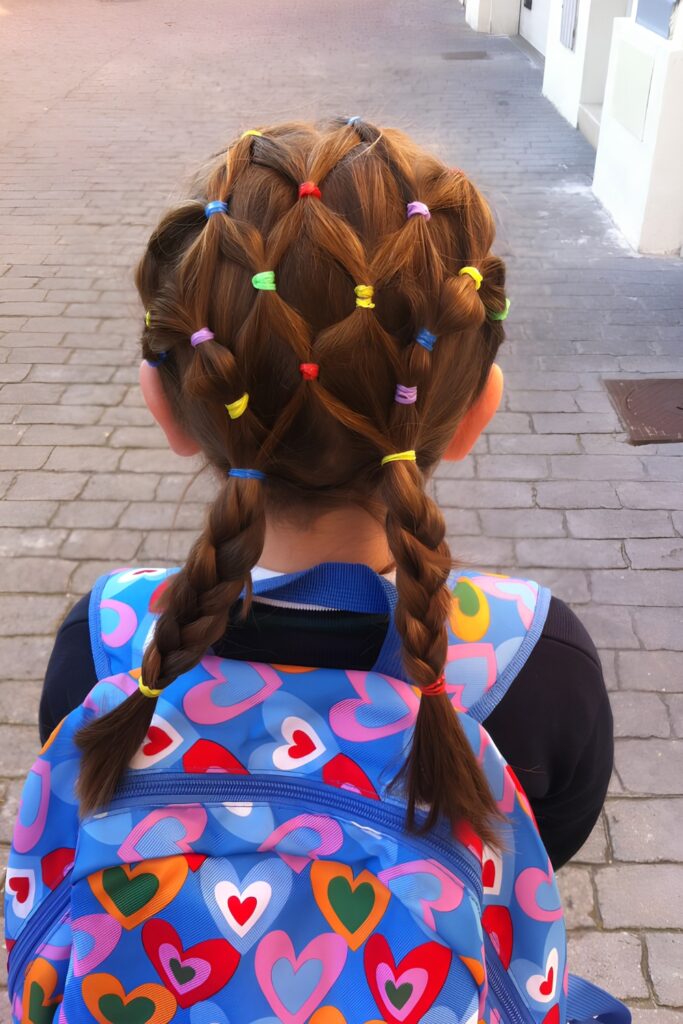 Rainbow-colored rubberband ponytails