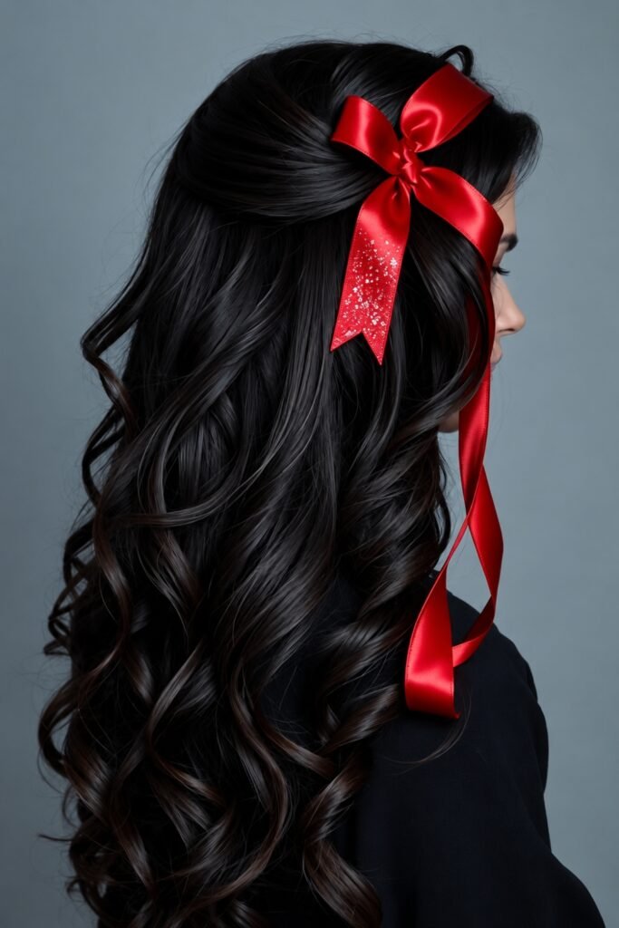 Back view of long black curls tied half-up with a red ribbon bow