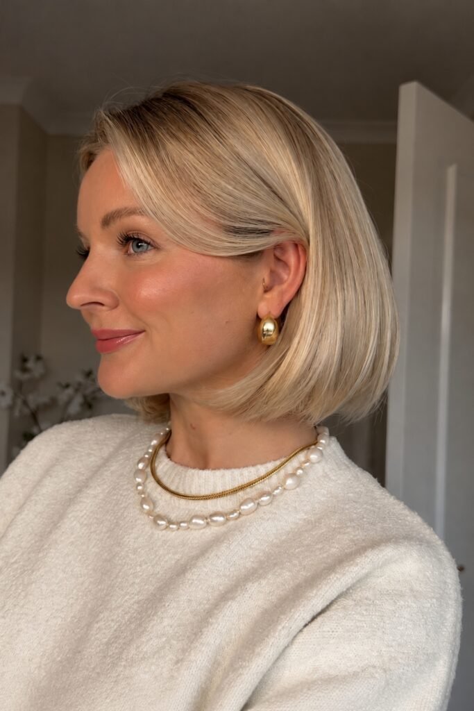 Blonde Scandi bob tucked behind the ears