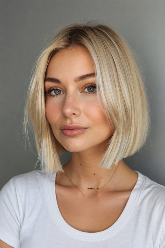 Fine blonde hair cut into a blunt Scandi bob