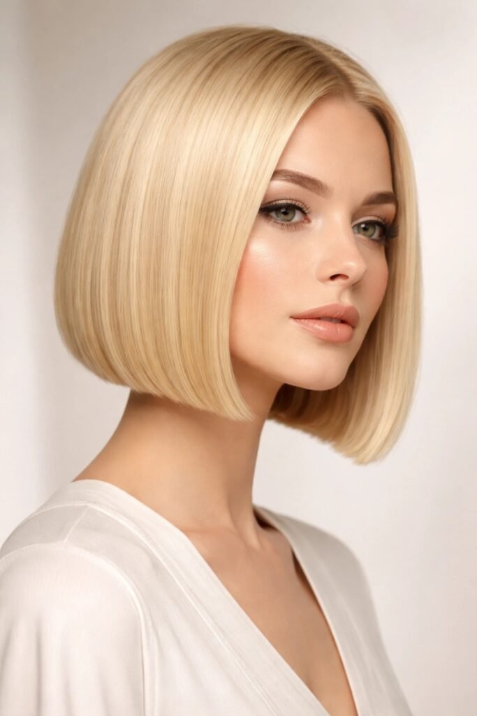 Thick blonde hair cut into a smooth Scandi bob