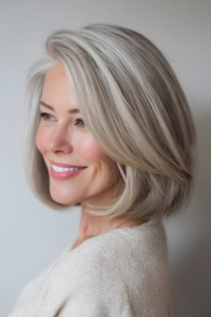 Woman with a soft grey-blonde Scandi bob