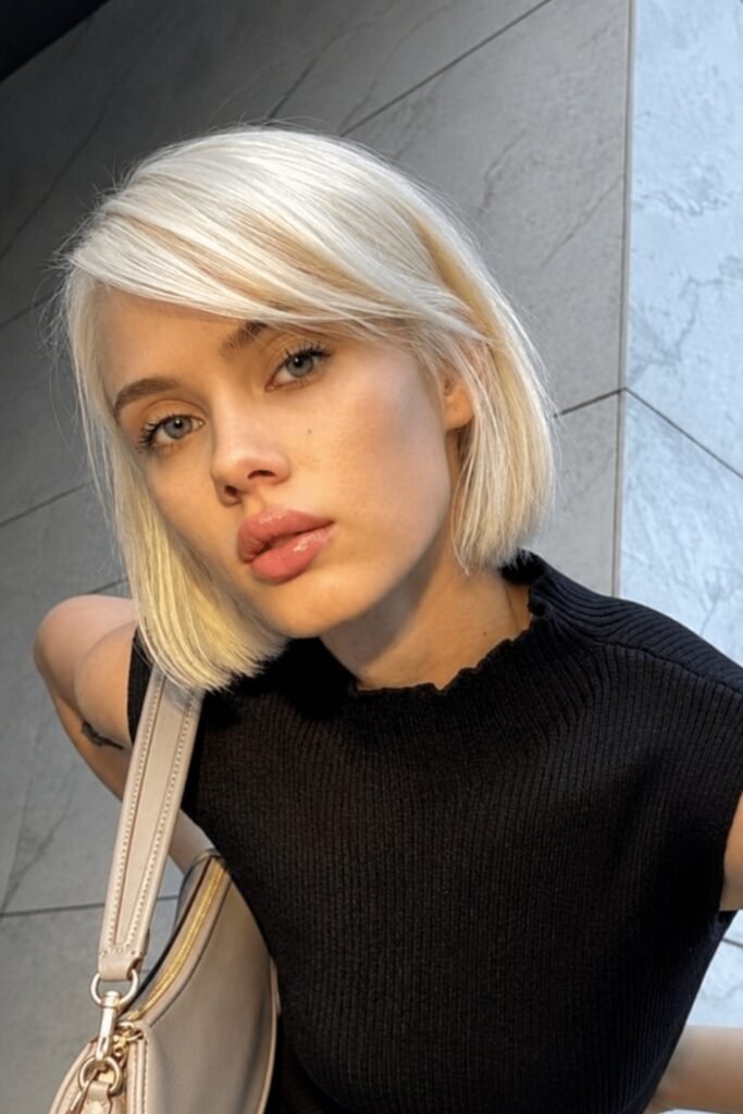 Platinum Scandi bob with a side-swept fringe