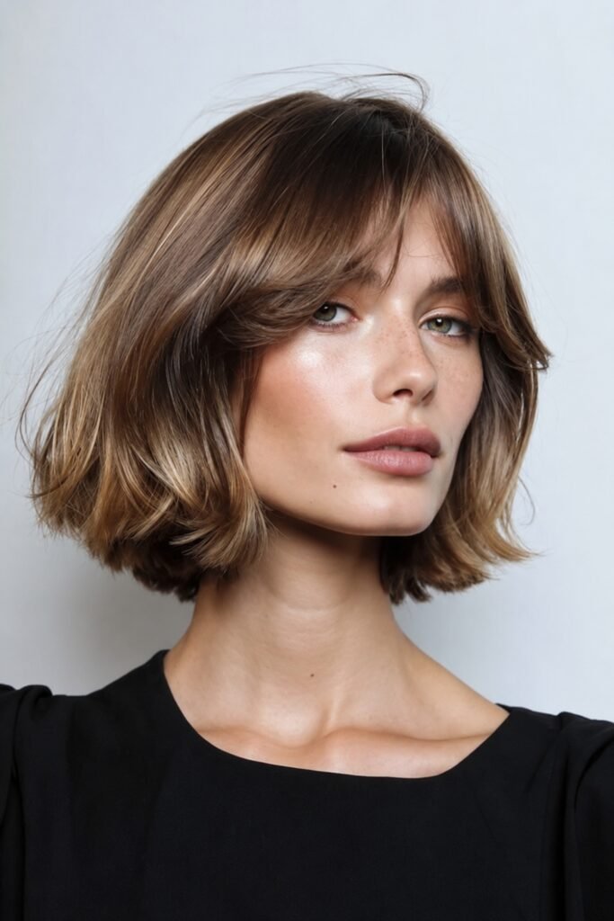 Brunette Scandi bob with a soft curtain fringe