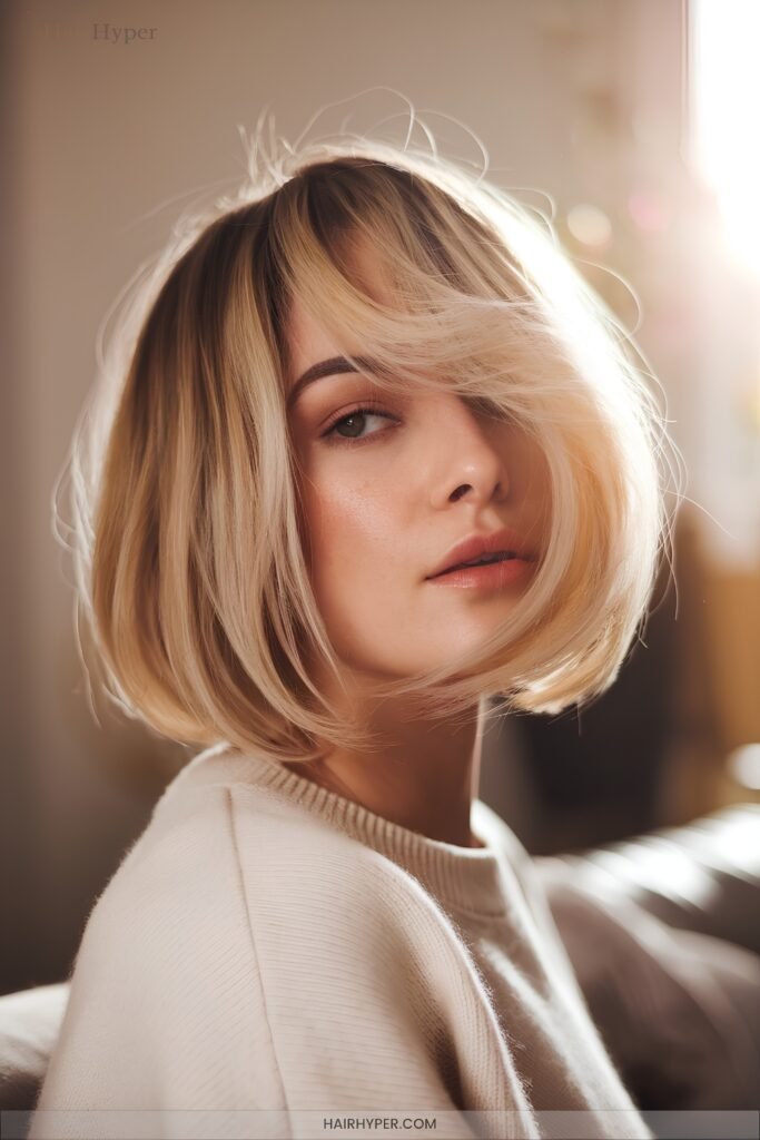 Blonde bob with subtle internal layers and a soft fringe
